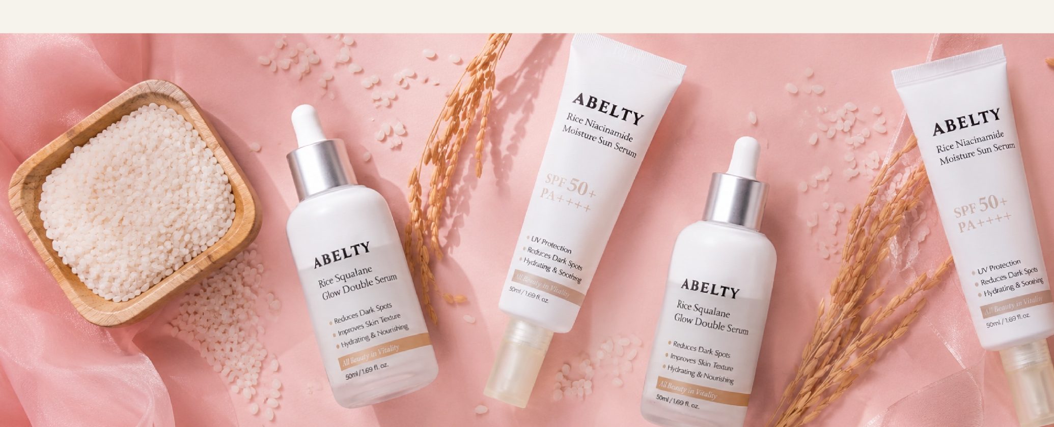 ABELTY line-up — Rice Squalane Glow Double Serum and Rice Niacinamide Moisture Sun Serum